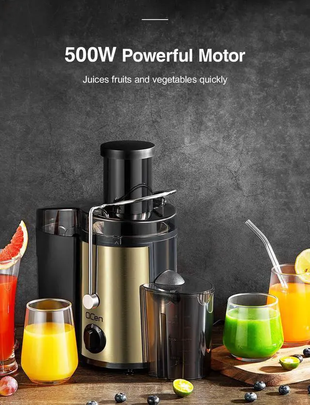 Alt view image 5 of 7 - QCen Juicer Machine, 500W Centrifugal Juicer Extractor with Wide Mouth 3 Feed Chute for Fruit Vegetable, Easy to Clean, Stainless Steel, BPA-free (Gold)