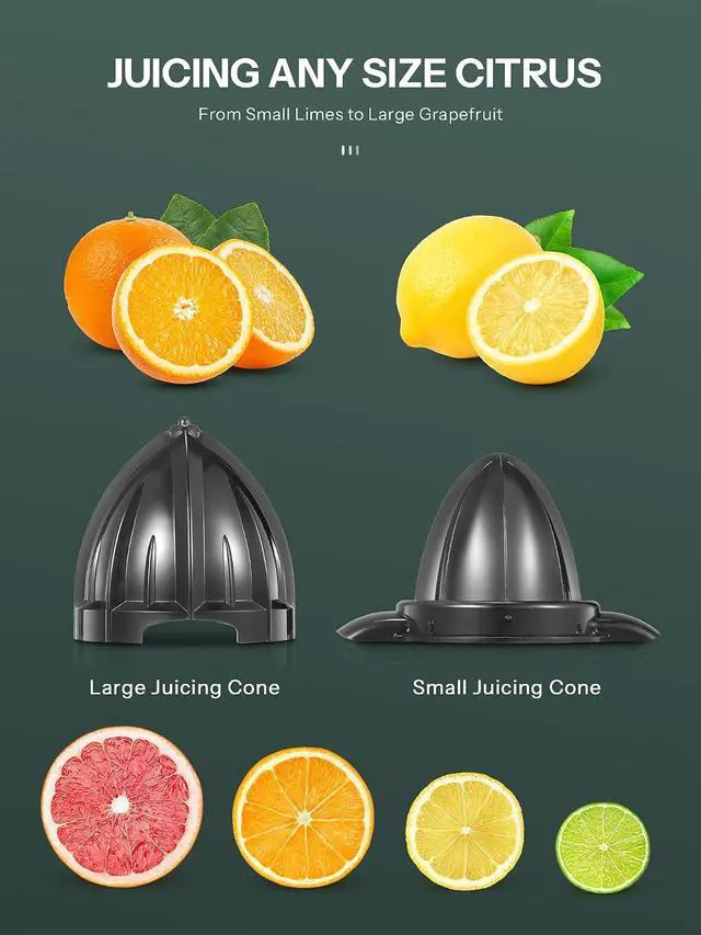 Alt view image 2 of 7 - Professional Brushed Stainless Steel Electric Citrus Juicer, 2 Interchangeable Cones for Orange, Lemon & Grapefruit, Easy Clean, Durable Design & Effortless Operation
