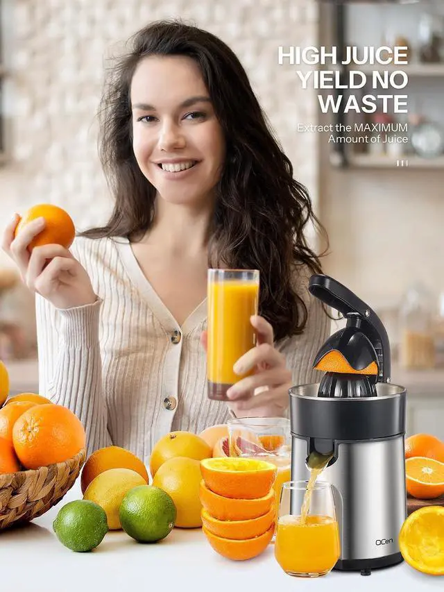 Alt view image 3 of 7 - Professional Brushed Stainless Steel Electric Citrus Juicer, 2 Interchangeable Cones for Orange, Lemon & Grapefruit, Easy Clean, Durable Design & Effortless Operation