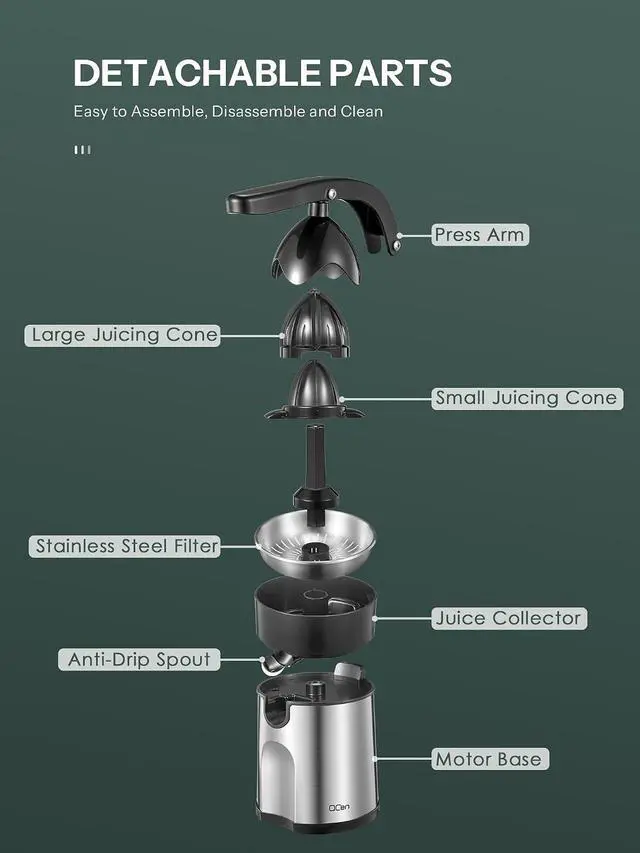 Alt view image 6 of 7 - Professional Brushed Stainless Steel Electric Citrus Juicer, 2 Interchangeable Cones for Orange, Lemon & Grapefruit, Easy Clean, Durable Design & Effortless Operation