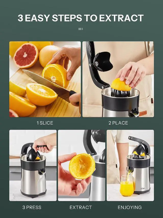 Alt view image 5 of 7 - Professional Brushed Stainless Steel Electric Citrus Juicer, 2 Interchangeable Cones for Orange, Lemon & Grapefruit, Easy Clean, Durable Design & Effortless Operation