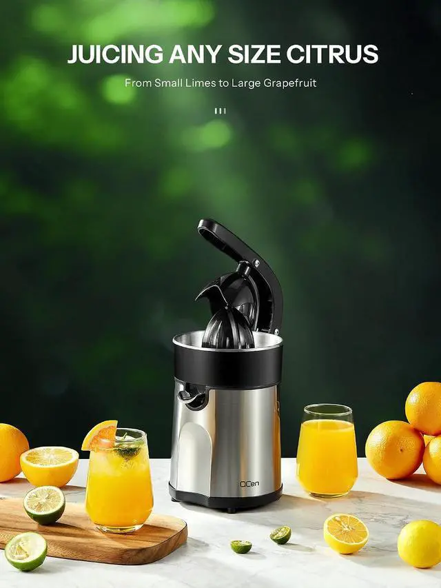Alt view image 7 of 7 - Professional Brushed Stainless Steel Electric Citrus Juicer, 2 Interchangeable Cones for Orange, Lemon & Grapefruit, Easy Clean, Durable Design & Effortless Operation