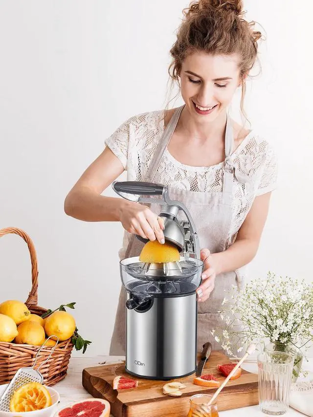 Alt view image 7 of 7 - QCen Electric Citrus Juicer Squeezer, Electric Juicer for Orange, Lemon and Limes with Rubber Handle and Two Size Cones, Anti-Drip Spout, Easy to Clean and Use, BPA Free, Black/Stainless Steel