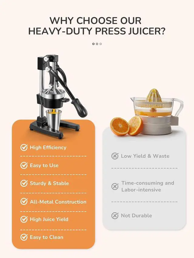 Alt view image 2 of 7 - QCen Professional Cast Iron Manual Juicer, Heavy Duty Citrus Press with Stainless Steel Strainer, Easy-to-Clean Hand Squeezer for Orange, Lemon, Lime and Grapefruit - Black (Black)