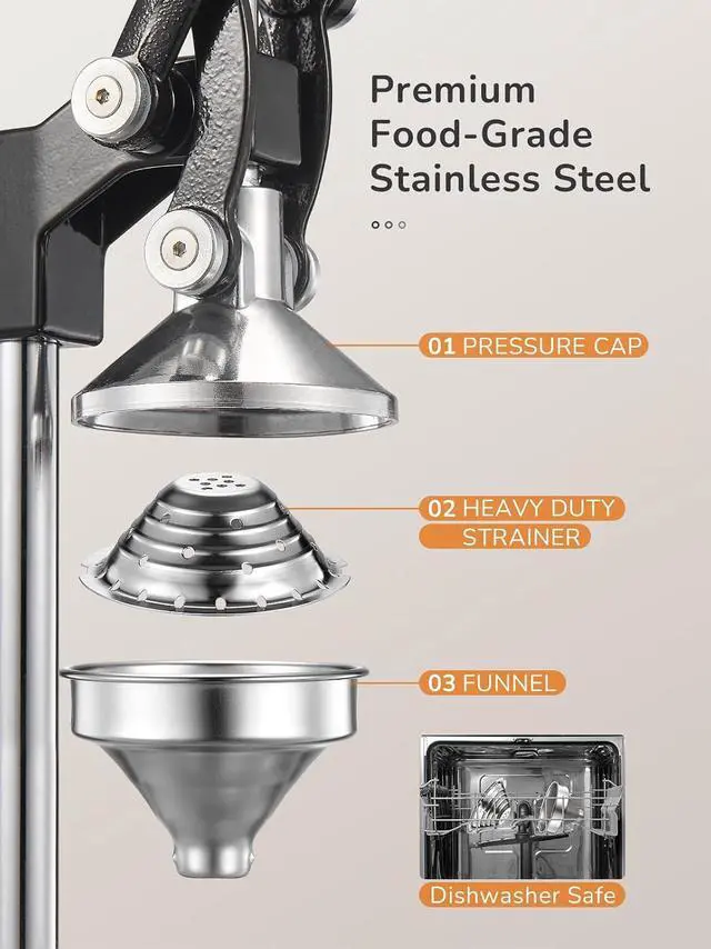 Alt view image 3 of 7 - QCen Professional Cast Iron Manual Juicer, Heavy Duty Citrus Press with Stainless Steel Strainer, Easy-to-Clean Hand Squeezer for Orange, Lemon, Lime and Grapefruit - Black (Black)
