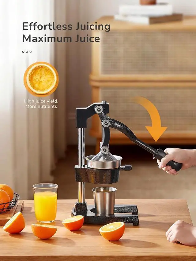 Alt view image 4 of 7 - QCen Professional Cast Iron Manual Juicer, Heavy Duty Citrus Press with Stainless Steel Strainer, Easy-to-Clean Hand Squeezer for Orange, Lemon, Lime and Grapefruit - Black (Black)