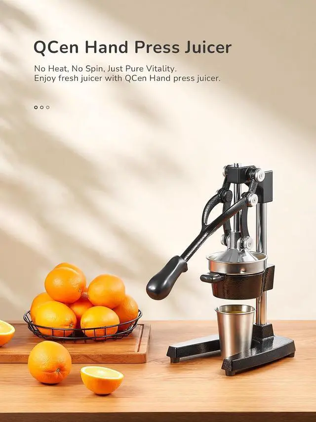 Alt view image 5 of 7 - QCen Professional Cast Iron Manual Juicer, Heavy Duty Citrus Press with Stainless Steel Strainer, Easy-to-Clean Hand Squeezer for Orange, Lemon, Lime and Grapefruit - Black (Black)
