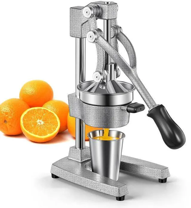 Main image of QCen Professional Cast Iron Manual Juicer, Heavy Duty Citrus Press with Stainless Steel Strainer, Easy-to-Clean Hand Squeezer for Orange, Lemon, Lime and Grapefruit - Black (Silver)