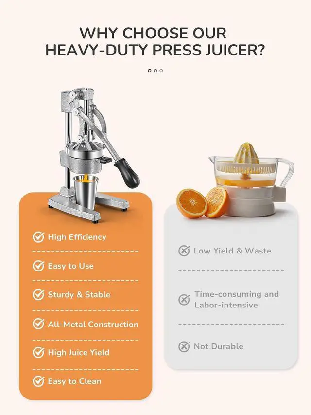 Alt view image 2 of 7 - QCen Professional Cast Iron Manual Juicer, Heavy Duty Citrus Press with Stainless Steel Strainer, Easy-to-Clean Hand Squeezer for Orange, Lemon, Lime and Grapefruit - Black (Silver)