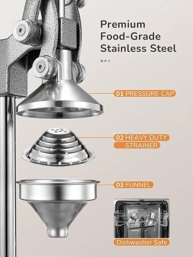 Alt view image 3 of 7 - QCen Professional Cast Iron Manual Juicer, Heavy Duty Citrus Press with Stainless Steel Strainer, Easy-to-Clean Hand Squeezer for Orange, Lemon, Lime and Grapefruit - Black (Silver)