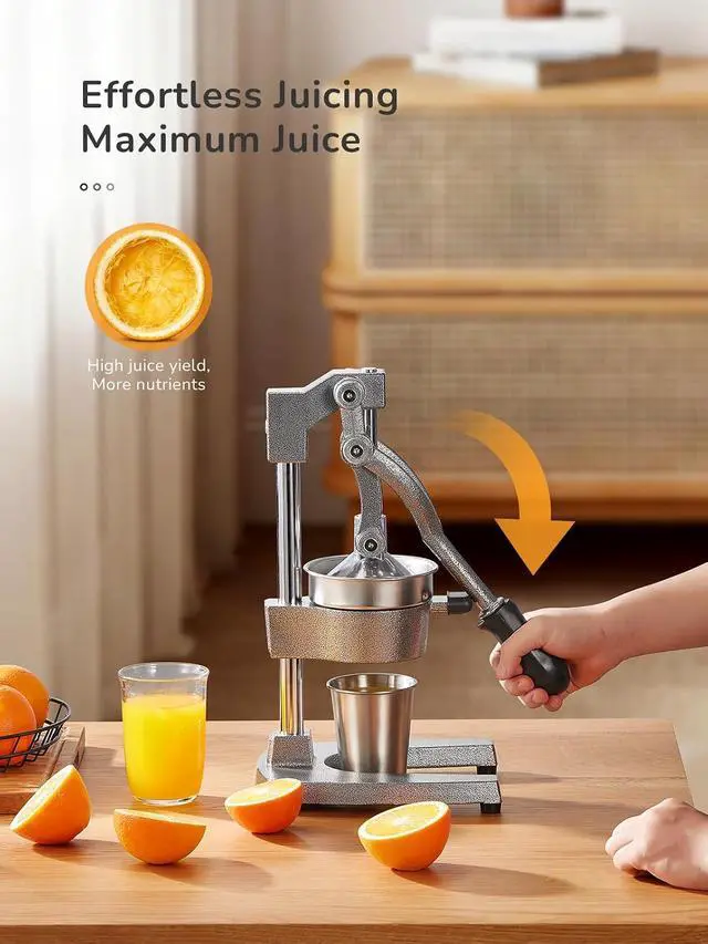 Alt view image 4 of 7 - QCen Professional Cast Iron Manual Juicer, Heavy Duty Citrus Press with Stainless Steel Strainer, Easy-to-Clean Hand Squeezer for Orange, Lemon, Lime and Grapefruit - Black (Silver)