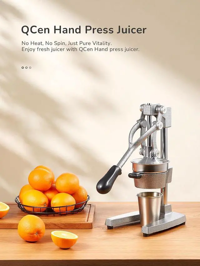 Alt view image 5 of 7 - QCen Professional Cast Iron Manual Juicer, Heavy Duty Citrus Press with Stainless Steel Strainer, Easy-to-Clean Hand Squeezer for Orange, Lemon, Lime and Grapefruit - Black (Silver)