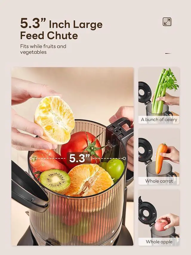 Alt view image 2 of 7 - QCen Cold Press Juicer, 5.5 Wide Feed Chute Slow Masticating Juicer Machine for Whole Fruits and Vegetables, Easy to Clean (Gray)