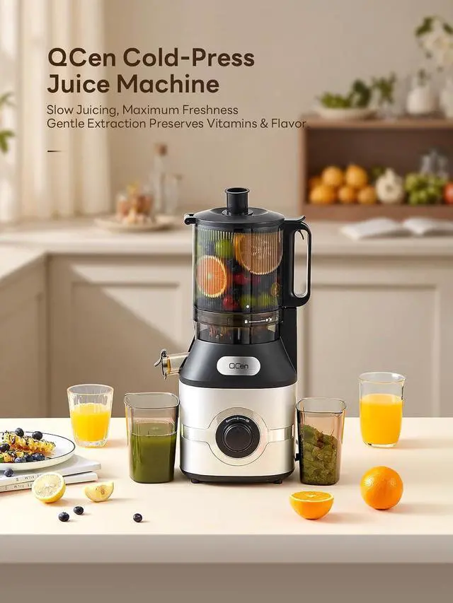 Alt view image 7 of 7 - QCen Cold Press Juicer, 5.5 Wide Feed Chute Slow Masticating Juicer Machine for Whole Fruits and Vegetables, Easy to Clean (Silver)