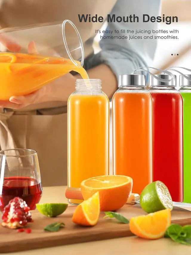 Alt view image 4 of 7 - QCen 18oz Clear Glass Bottle for Juicing, 6 Pack Reusable Glass Water Bottles for Juicer Machine, with Stainless Steel Leak-Proof Lids, Wide Mouth Liquid Storage Containers, BPA Free