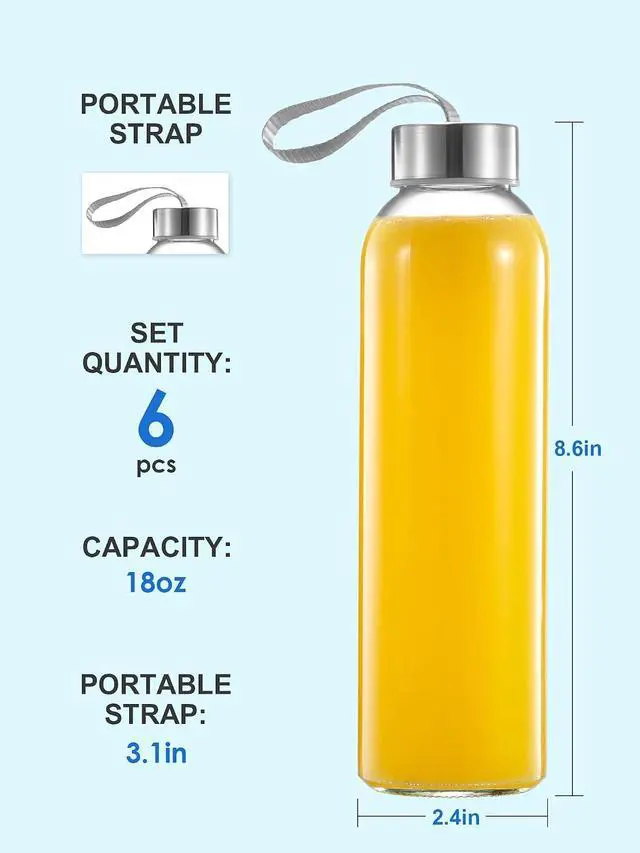 Alt view image 5 of 7 - QCen 18oz Clear Glass Bottle for Juicing, 6 Pack Reusable Glass Water Bottles for Juicer Machine, with Stainless Steel Leak-Proof Lids, Wide Mouth Liquid Storage Containers, BPA Free