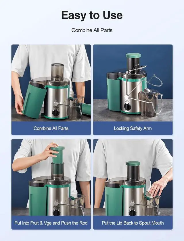 Alt view image 7 of 7 - QCen Juicer Machine, 500W Centrifugal Juicer Extractor with Wide Mouth 3 Feed Chute for Fruit Vegetable, Easy to Clean, Stainless Steel, BPA-free (Green)