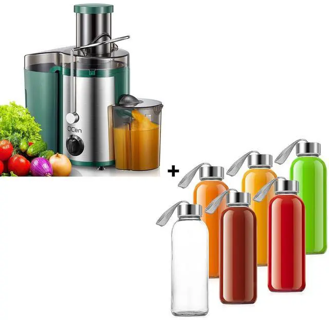 Main image of QCen Centrifugal Juicer Machine Green and 6PCS Glass Bottle Bundle