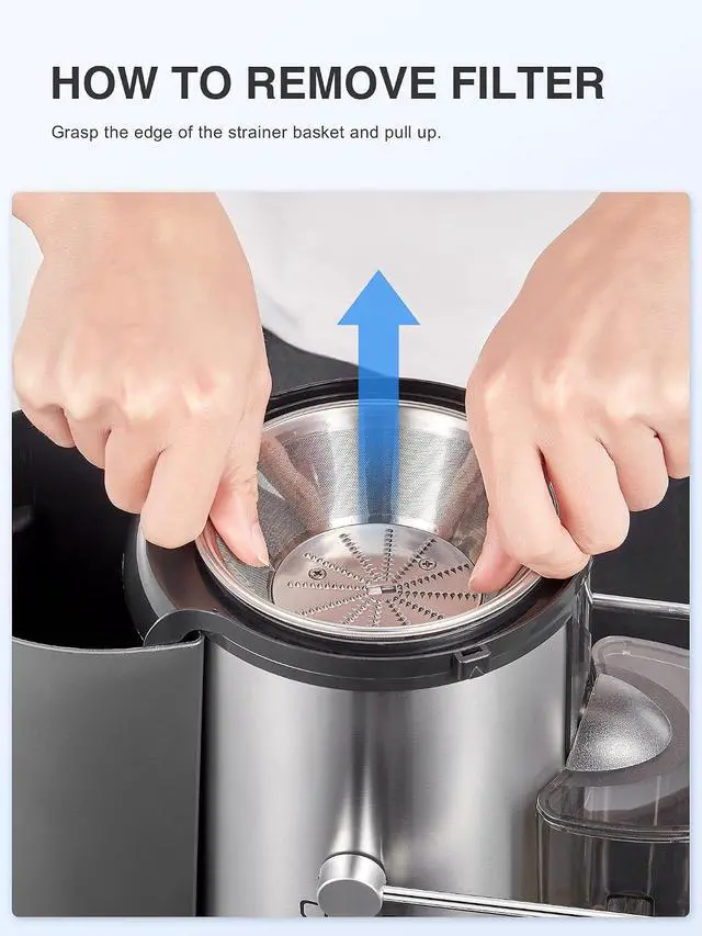 Alt view image 7 of 7 - QCen Juicer Machine, 500W Centrifugal Juicer Extractor with Wide Mouth 3 Feed Chute for Fruit Vegetable, Easy to Clean, Stainless Steel, BPA-free (Aqua)