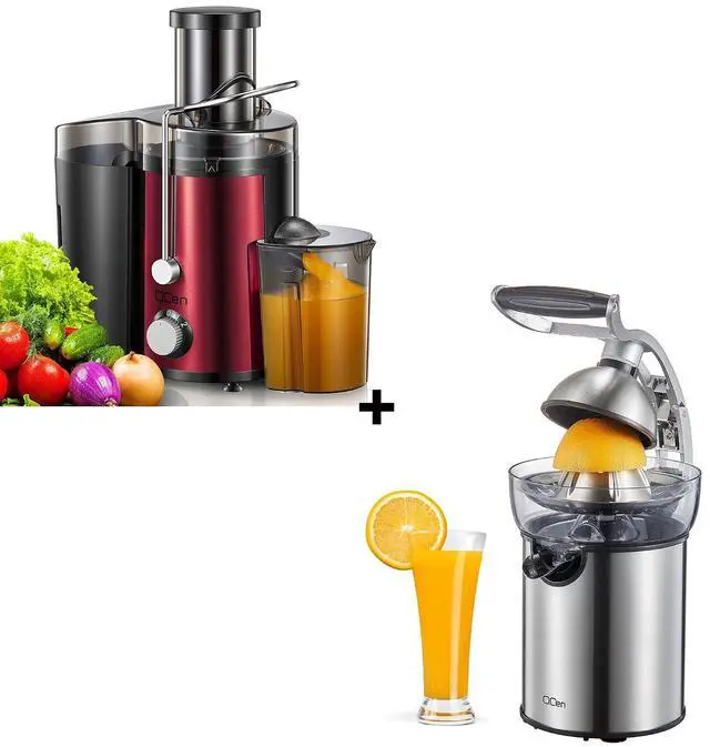 Main image of QCen 800W Juicer Machine Metallic Red and Electric Citrus Juicer Squeezer Bundle