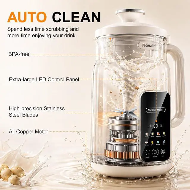 Alt view image 5 of 6 - 8-in-1 Nut Milk Maker Multi-Functional Soy Milk Maker with Large Touch Display for Nuts, Oat, Soy, Juice & Smoothie, Large Capacity Blender 12H Delay/Keep Warm/Self Cleaning, White