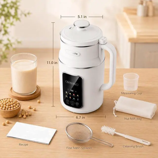 Alt view image 6 of 6 - 8-in-1 Nut Milk Maker Multi-Functional Soy Milk Maker with Large Touch Display for Nuts, Oat, Soy, Juice & Smoothie, Large Capacity Blender 12H Delay/Keep Warm/Self Cleaning, White