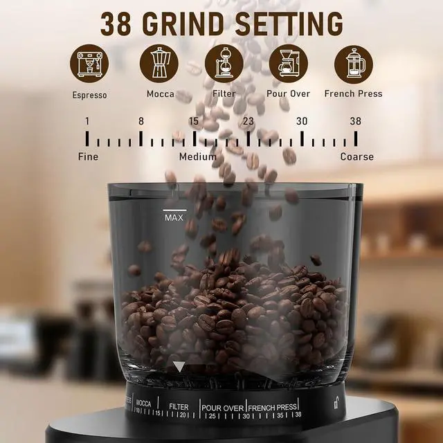 Alt view image 2 of 7 - Coffee Grinder, Electric Coffee Bean Grinder with Anti-Static Design, 38 Settings Burr Grinder, 60S Timer, Espresso Grinder Compact & Quiet for Home Use, Easy Clean & Memory Function, Black