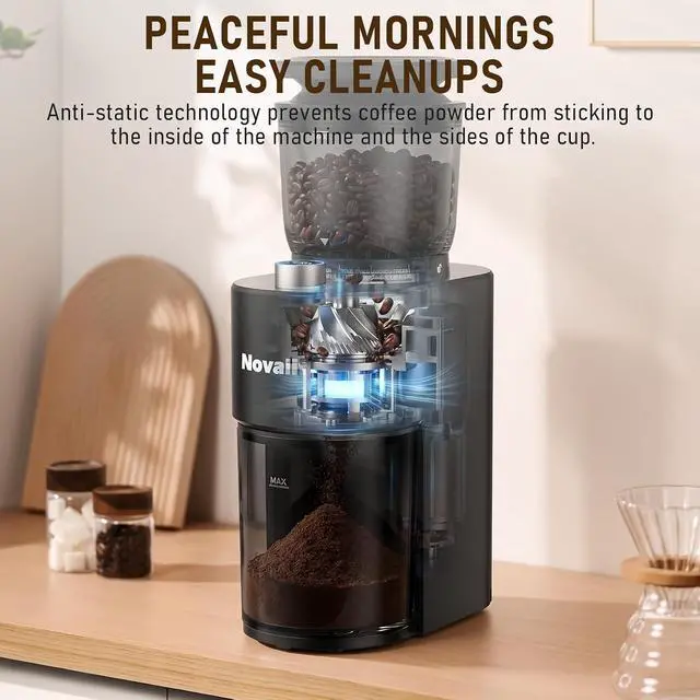 Alt view image 5 of 7 - Coffee Grinder, Electric Coffee Bean Grinder with Anti-Static Design, 38 Settings Burr Grinder, 60S Timer, Espresso Grinder Compact & Quiet for Home Use, Easy Clean & Memory Function, Black