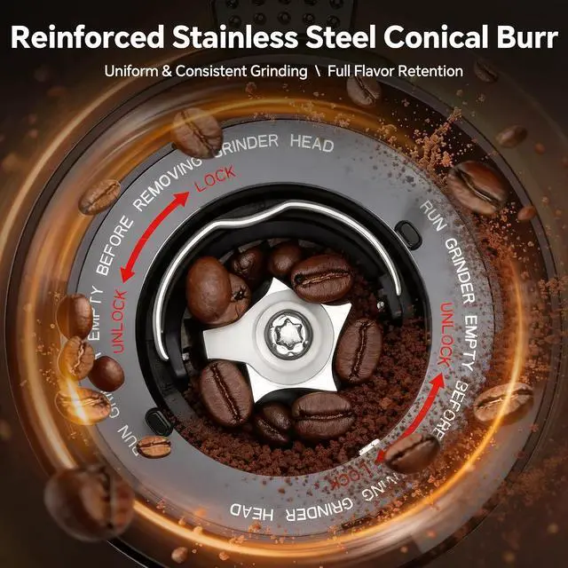 Alt view image 2 of 7 - Conical Burr Coffee Grinder, 51 Precise Grind Settings Automatic Coffee Grinder, Smart Dual Control LED Display, 1-12 Cups, with Portafilter Holder, Anti-StaticStainless Steel, Memory Function