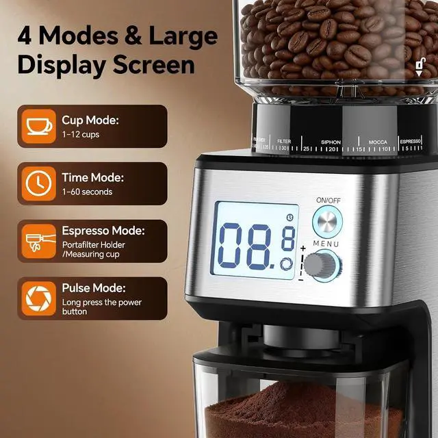Alt view image 3 of 7 - Conical Burr Coffee Grinder, 51 Precise Grind Settings Automatic Coffee Grinder, Smart Dual Control LED Display, 1-12 Cups, with Portafilter Holder, Anti-StaticStainless Steel, Memory Function