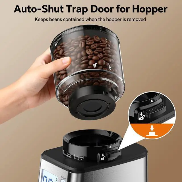 Alt view image 6 of 7 - Conical Burr Coffee Grinder, 51 Precise Grind Settings Automatic Coffee Grinder, Smart Dual Control LED Display, 1-12 Cups, with Portafilter Holder, Anti-StaticStainless Steel, Memory Function