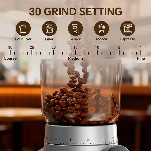 Alt view image 2 of 7 - Electric Coffee Grinder, Burr Coffee Beans Grinder with 30 Grinding Settings, Burr Mill Grinder for Home Use, Touchscreen Adjustable 2-10 Cups or 40-Second Timer, Stainless Steel