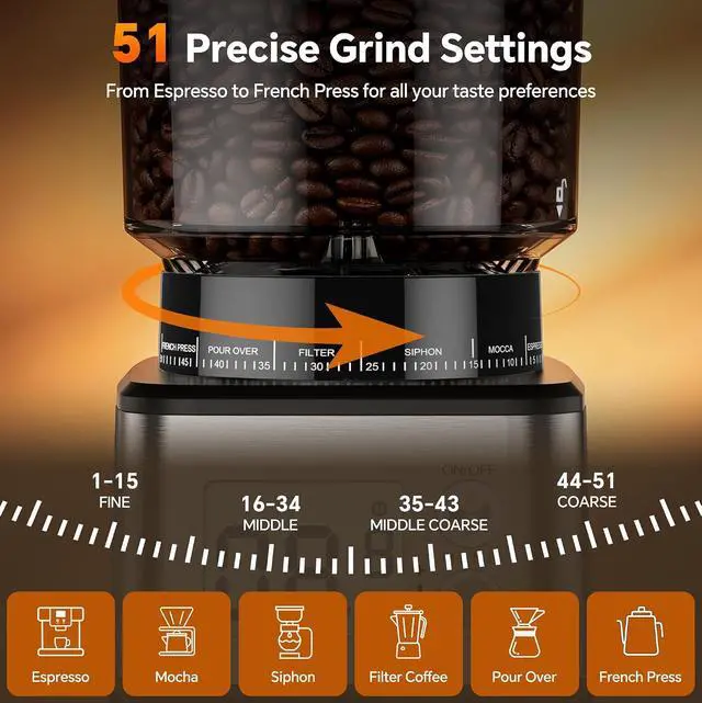 Alt view image 4 of 7 - Conical Burr Coffee Grinder, 51 Precise Grind Settings Automatic Coffee Grinder, Smart Dual Control LED Display, 1-12 Cups, with Portafilter Holder, Anti-StaticStainless Steel, Memory Function