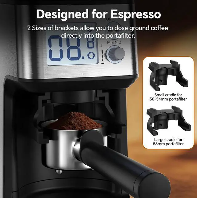 Alt view image 5 of 7 - Conical Burr Coffee Grinder, 51 Precise Grind Settings Automatic Coffee Grinder, Smart Dual Control LED Display, 1-12 Cups, with Portafilter Holder, Anti-StaticStainless Steel, Memory Function