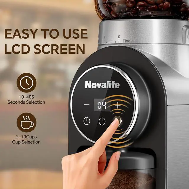 Alt view image 3 of 7 - Electric Coffee Grinder, Burr Coffee Beans Grinder with 30 Grinding Settings, Burr Mill Grinder for Home Use, Touchscreen Adjustable 2-10 Cups or 40-Second Timer, Stainless Steel