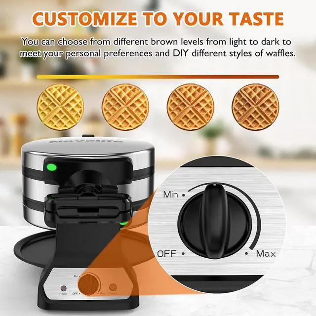 Alt view image 4 of 7 - Waffle Maker, 1400W Belgian Waffle Maker, Double Waffle Iron 180° Flip, Rotating Nonstick Plates, Adjustable Browning Control, Locking Buckle & Cool Touch Handle, Removable Drip Tray, Stainless Steel