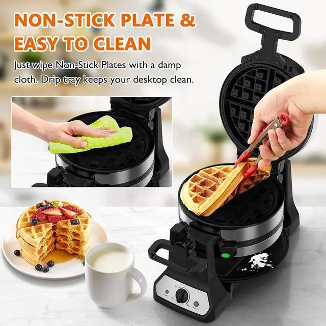 Alt view image 6 of 7 - Waffle Maker, 1400W Belgian Waffle Maker, Double Waffle Iron 180° Flip, Rotating Nonstick Plates, Adjustable Browning Control, Locking Buckle & Cool Touch Handle, Removable Drip Tray, Stainless Steel