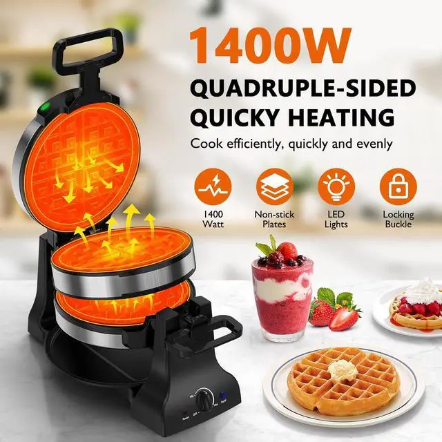 Alt view image 2 of 7 - Waffle Maker, 1400W Belgian Waffle Maker, Double Waffle Iron 180° Flip, Rotating Nonstick Plates, Adjustable Browning Control, Locking Buckle & Cool Touch Handle, Removable Drip Tray, Stainless Steel