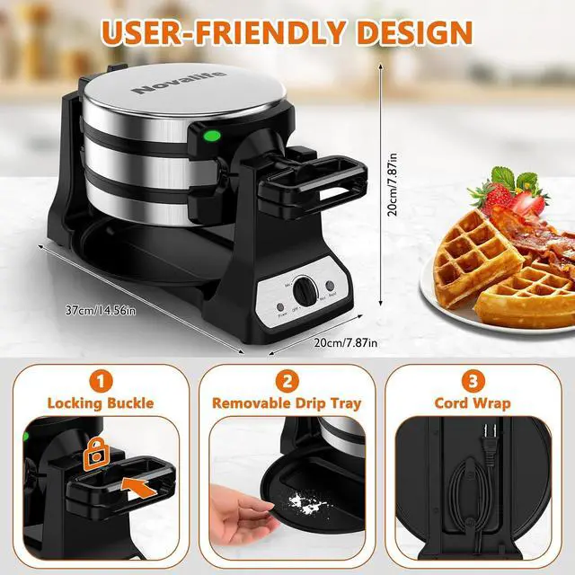 Alt view image 7 of 7 - Waffle Maker, 1400W Belgian Waffle Maker, Double Waffle Iron 180° Flip, Rotating Nonstick Plates, Adjustable Browning Control, Locking Buckle & Cool Touch Handle, Removable Drip Tray, Stainless Steel