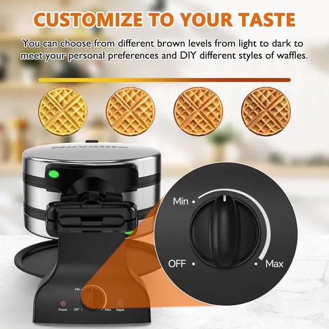Alt view image 6 of 7 - Waffle Maker, 1400W Belgian Waffle Maker, Double Waffle Iron 180° Flip, Rotating Nonstick Plates, Adjustable Browning Control, Locking Buckle & Cool Touch Handle, Removable Drip Tray, Stainless Steel
