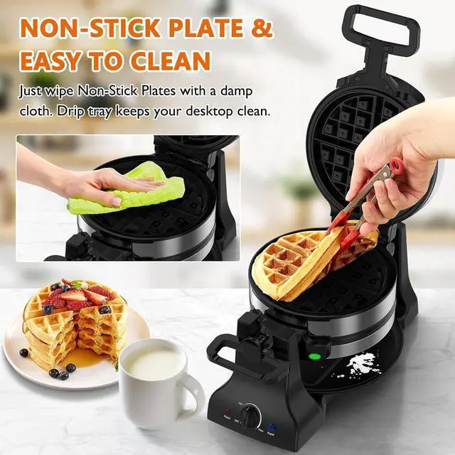 Alt view image 5 of 7 - Waffle Maker, 1400W Belgian Waffle Maker, Double Waffle Iron 180° Flip, Rotating Nonstick Plates, Adjustable Browning Control, Locking Buckle & Cool Touch Handle, Removable Drip Tray, Stainless Steel