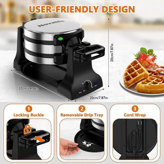 Alt view image 7 of 7 - Waffle Maker, 1400W Belgian Waffle Maker, Double Waffle Iron 180° Flip, Rotating Nonstick Plates, Adjustable Browning Control, Locking Buckle & Cool Touch Handle, Removable Drip Tray, Stainless Steel