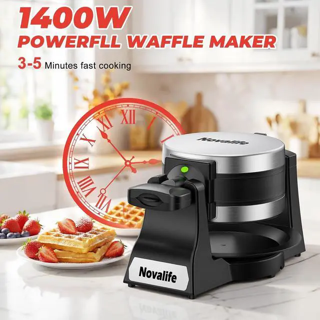 Alt view image 3 of 7 - Waffle Maker, 1400W Belgian Waffle Maker, Double Waffle Iron 180° Flip, 8 Slices, Rotating & Nonstick Plates, Removable Drip Tray Easy to Clean, Locking Buckle & Cool Touch Handle