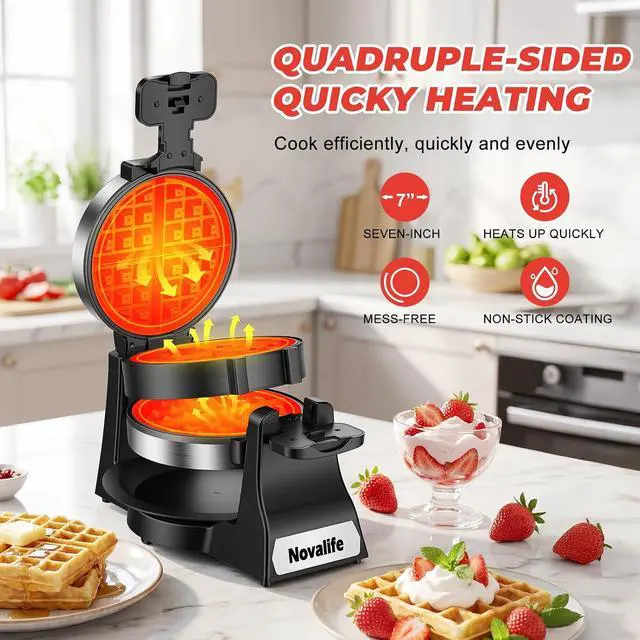 Alt view image 2 of 7 - Waffle Maker, 1400W Belgian Waffle Maker, Double Waffle Iron 180° Flip, 8 Slices, Rotating & Nonstick Plates, Removable Drip Tray Easy to Clean, Locking Buckle & Cool Touch Handle