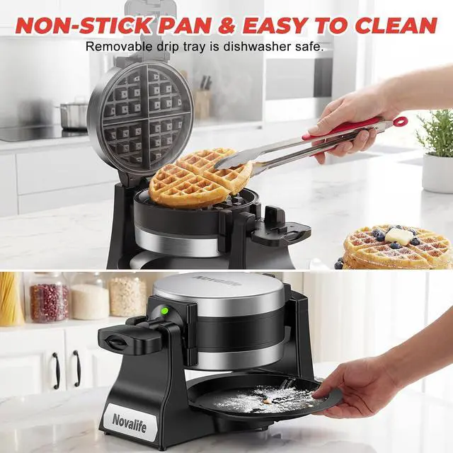 Alt view image 6 of 7 - Waffle Maker, 1400W Belgian Waffle Maker, Double Waffle Iron 180° Flip, 8 Slices, Rotating & Nonstick Plates, Removable Drip Tray Easy to Clean, Locking Buckle & Cool Touch Handle