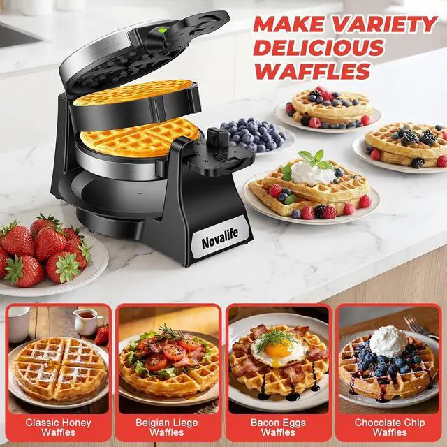 Alt view image 7 of 7 - Waffle Maker, 1400W Belgian Waffle Maker, Double Waffle Iron 180° Flip, 8 Slices, Rotating & Nonstick Plates, Removable Drip Tray Easy to Clean, Locking Buckle & Cool Touch Handle