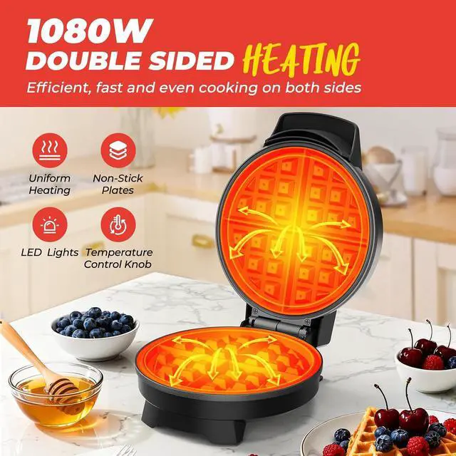 Alt view image 2 of 7 - Waffle Maker, 7 Round Classic Belgian Waffle Iron, Adjustable Browning Control, Easy-Clean Nonstick Plates & Cool Touch Handle, Space Saving Storage, Stainless Steel