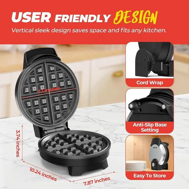 Alt view image 7 of 7 - Waffle Maker, 7 Round Classic Belgian Waffle Iron, Adjustable Browning Control, Easy-Clean Nonstick Plates & Cool Touch Handle, Space Saving Storage, Stainless Steel