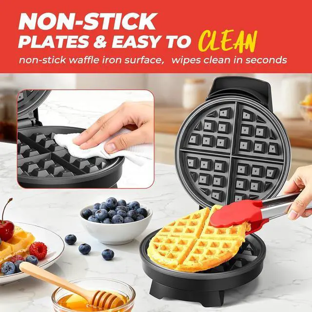 Alt view image 4 of 7 - Waffle Maker, 7 Round Classic Belgian Waffle Iron, Adjustable Browning Control, Easy-Clean Nonstick Plates & Cool Touch Handle, Space Saving Storage, Stainless Steel