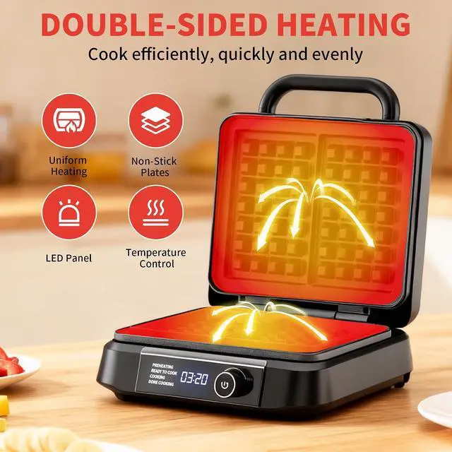 Alt view image 2 of 7 - Waffle Maker, 1400W Belgian Waffle Maker, Dual Rectangular Thick Waffle Iron, 7-Level Browning LED Panel, Nonstick Plates, Anti-spill Design, Audible Ready Beep, Easy Cleanup, Stainless Steel